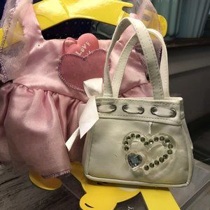 Vtg Build A Bear Pink Ruffled Ballerina Dress & White Glitter Heart Purse Lot